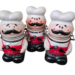 3 Chef Ceramic Canister Jars Y2K Era Fat Chef Decor
