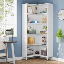  New 6-Tier Corner Bookcase, 71 inch L-Shaped Etagere Bookshelf, White