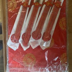 Asian Placemats Chopsticks Napkins Set Red Gold Table Setting For  4