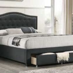 New Charcoal Queen Bed With Storage ( Mattress Sold Separately )