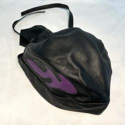 Black Leather Biker Cap/DooRag/Skull Cap. Purple Flames. One Size/Adjustable