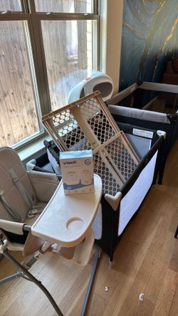 Baby items - 2 playpans, audio monitor, 1 gate, 1 baby soak tub, high chair