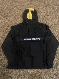 Vintage Tommy Hilfiger Jacket Mens M Black Yellow Hooded Anorak Pullover 90s