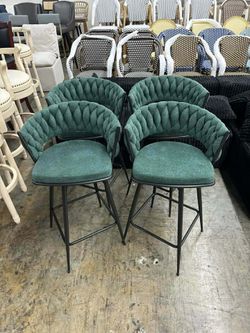 4-Piece Set of Modern Cotton Linen Bar Stools | 360° Swivel with Woven Back & Metal Legs
