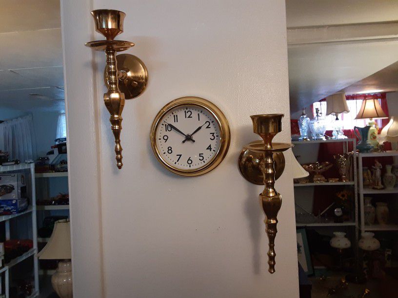 VERY NICE LOOKING Trio ALL BRASS CANDLE HOLDERS are 10 INCHES TALL the CLOCK IS Also NEAT