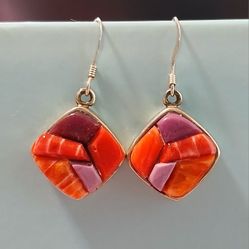 Zuni sterling silver dangle earrings, inlaid with multiple spiny shell oyster pieces to form a rose 
