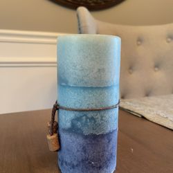 Blue Ombre Decorative Pillar Candle with Wooden Bead Accent