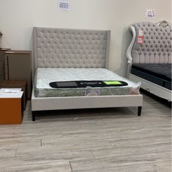 Beige Wingback Fabric Platform Bed Frame
