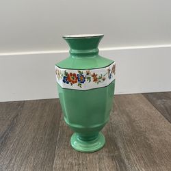 Vintage Green Glazes Footed Vase With Flower Border