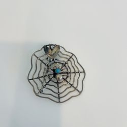 Vintage Silver & Turquoise Spider On Web Pin Brooch