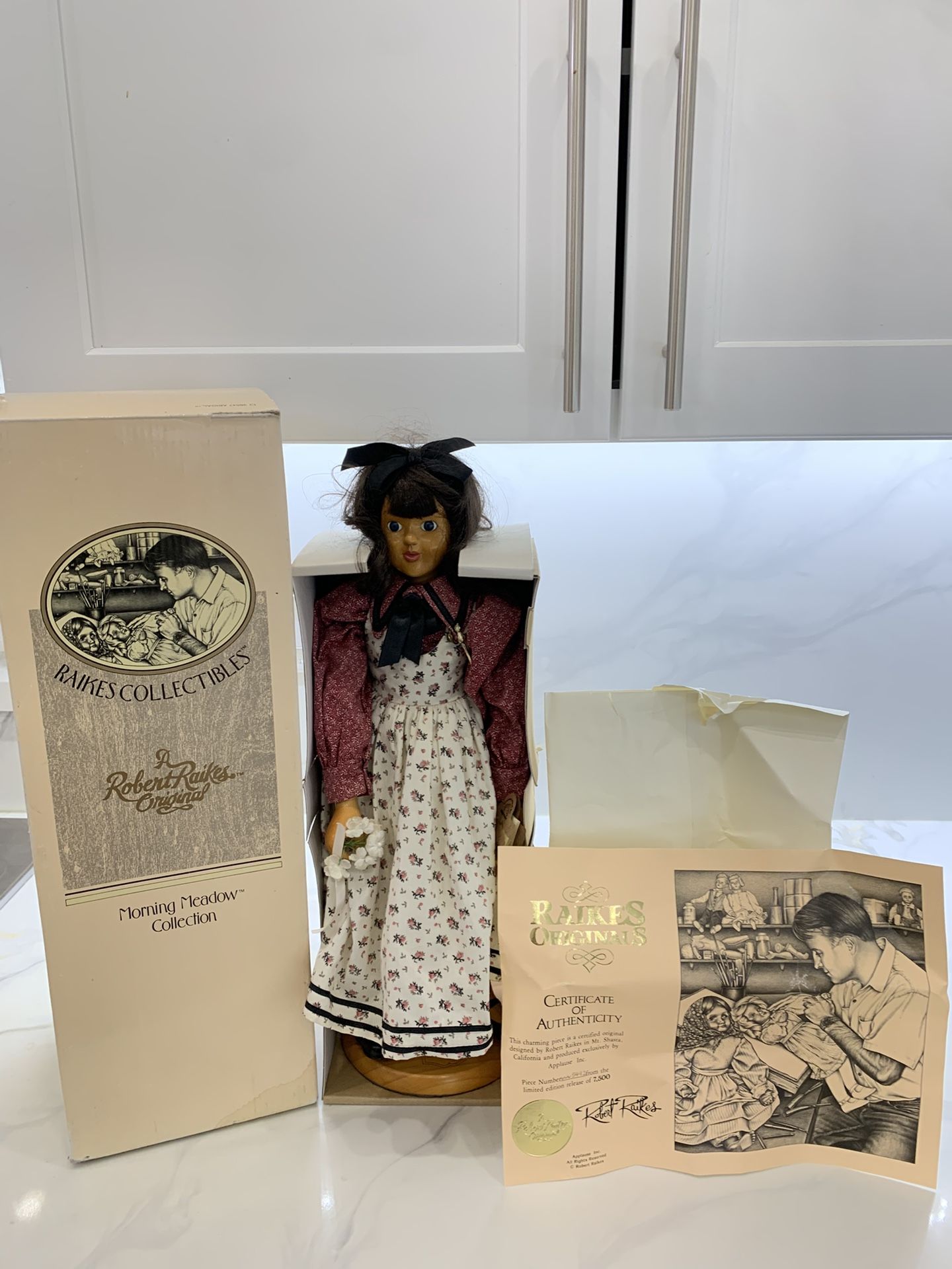 1994 Robert Raikes Abigail 17" Wood Carved Doll with Stand, Box and Certificate