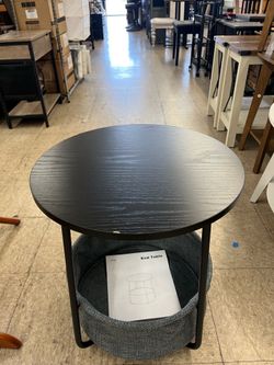 VASAGLE Small Round Side End Table Modern Nightstand w/ Fabric Basket - Ebony Black / Slate Gray