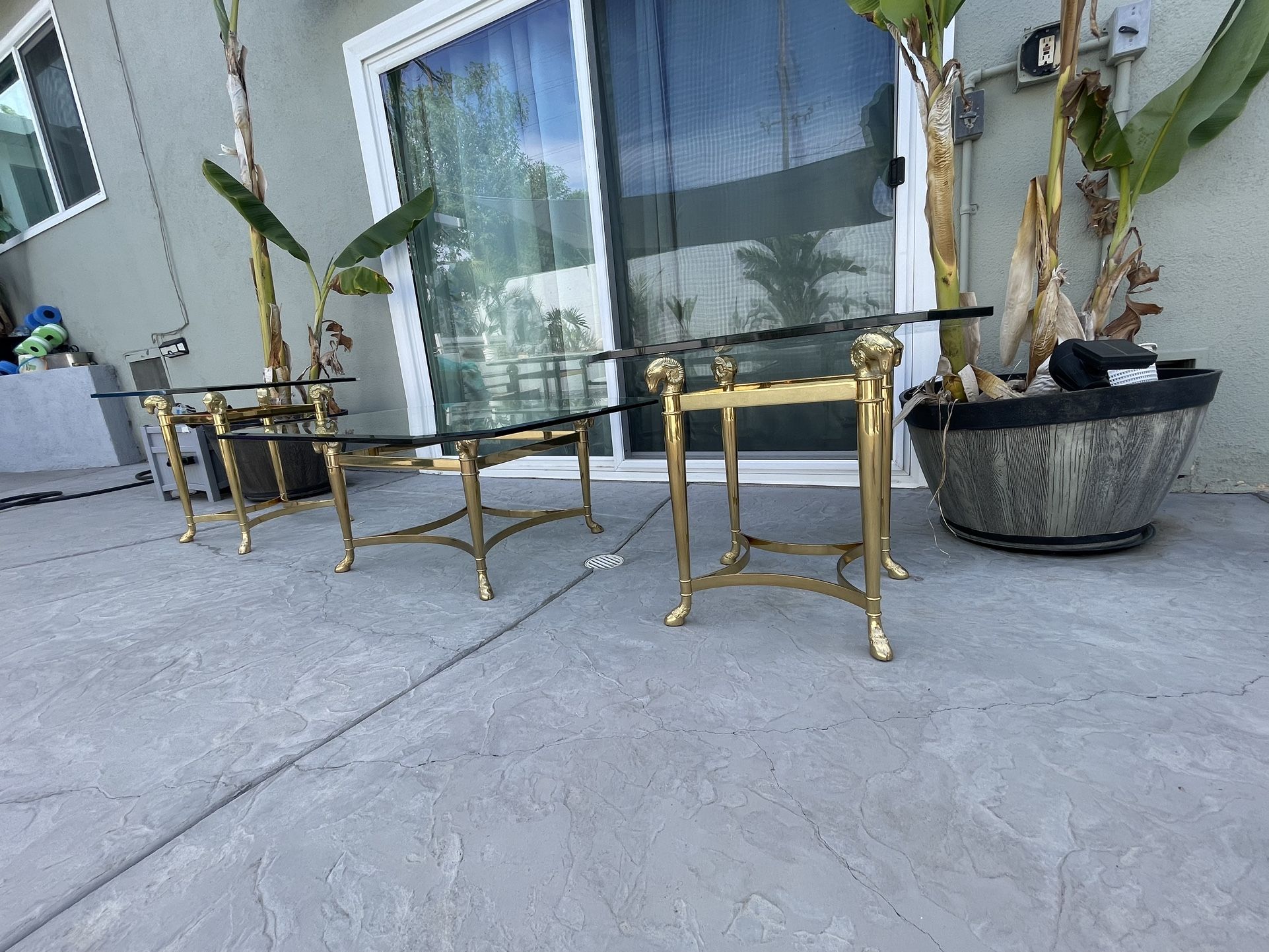 manner of jansen Maison Jansen Brass Glass Ram Coffee Cocktail Table And End Tables Hollywood Regency