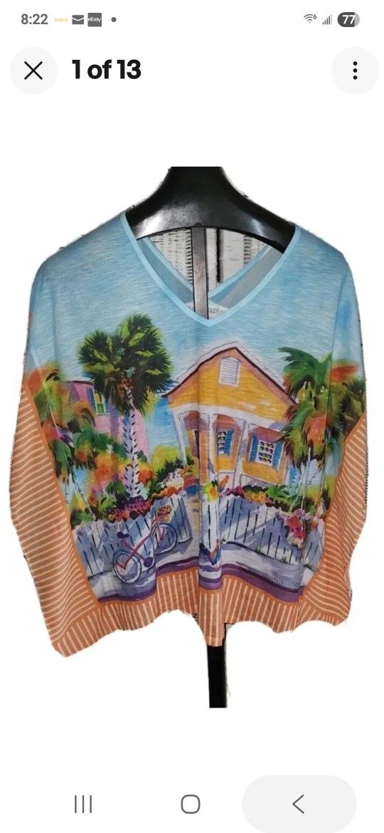 Ellen Negley Shirt Top Womens Small Short  Sleeve Topical Beach Palm Lagenlook