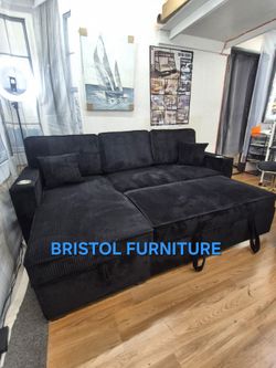 🎪 Convertible Sectional w/Pull Out Bed, Black Corduroy Fabric, New in the Box.
