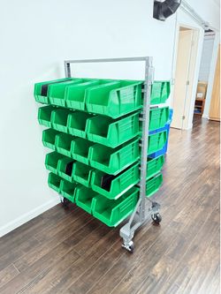 Uline Mobile Bin Organizer Rack + 40 Bins — Like New, Commercial Storage Cart