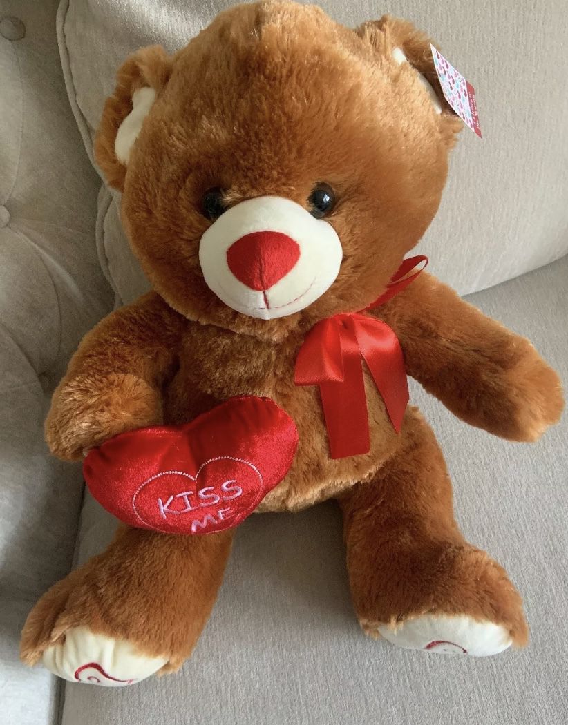 Brown Plush Teddy Bear with Red Ribbon And Red Heart(Kiss Me)16" Best Made Toys