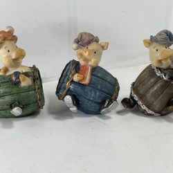 VTG Three Little Pigs In A Barrel Resin Piggy Banks Coin Bank Set Of 3 Complete