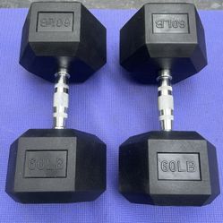 PAIR  OF  RUBBER  HEX  60 LB.  DUMBBELLS     RUBBER   : 95s 90s 80s 70s 50s 45s 40s 35s 30s 25s 20s 15s 10s   Also  Available