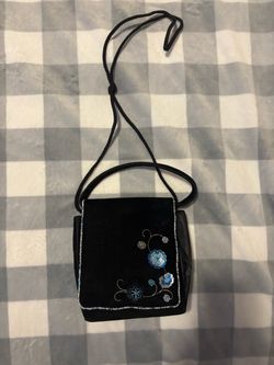 Black Velvet Crossbody Bag with Sequin Floral Detail