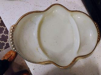 Vintage Milk Glass Divided Serving Dish Gold Trim