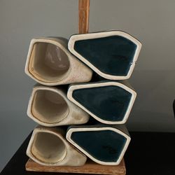 6 RODOLFO PADILLA Stoneware Mugs Blue Beige Drip Glaze & Stand MCM Southwest