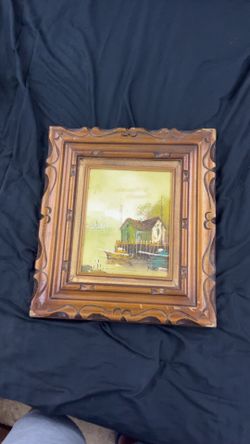 Antique Framed boats and harbor Nautical oil painting