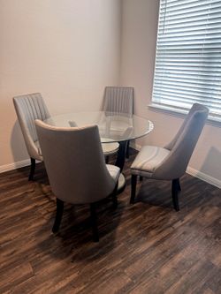 Modern Round Glass Dining Table with 4 Upholstered Chairs