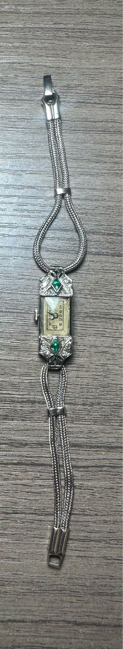 Vintage HB 18k + platinum emerald diamond watch with a 14k gold band