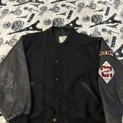 Rare VTG GUESS Club Spell Out Wool Leather Jacket 90s Georges Marciano Black XL