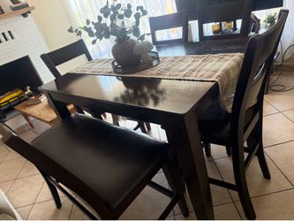 Bar height table, bench and 4 chairs