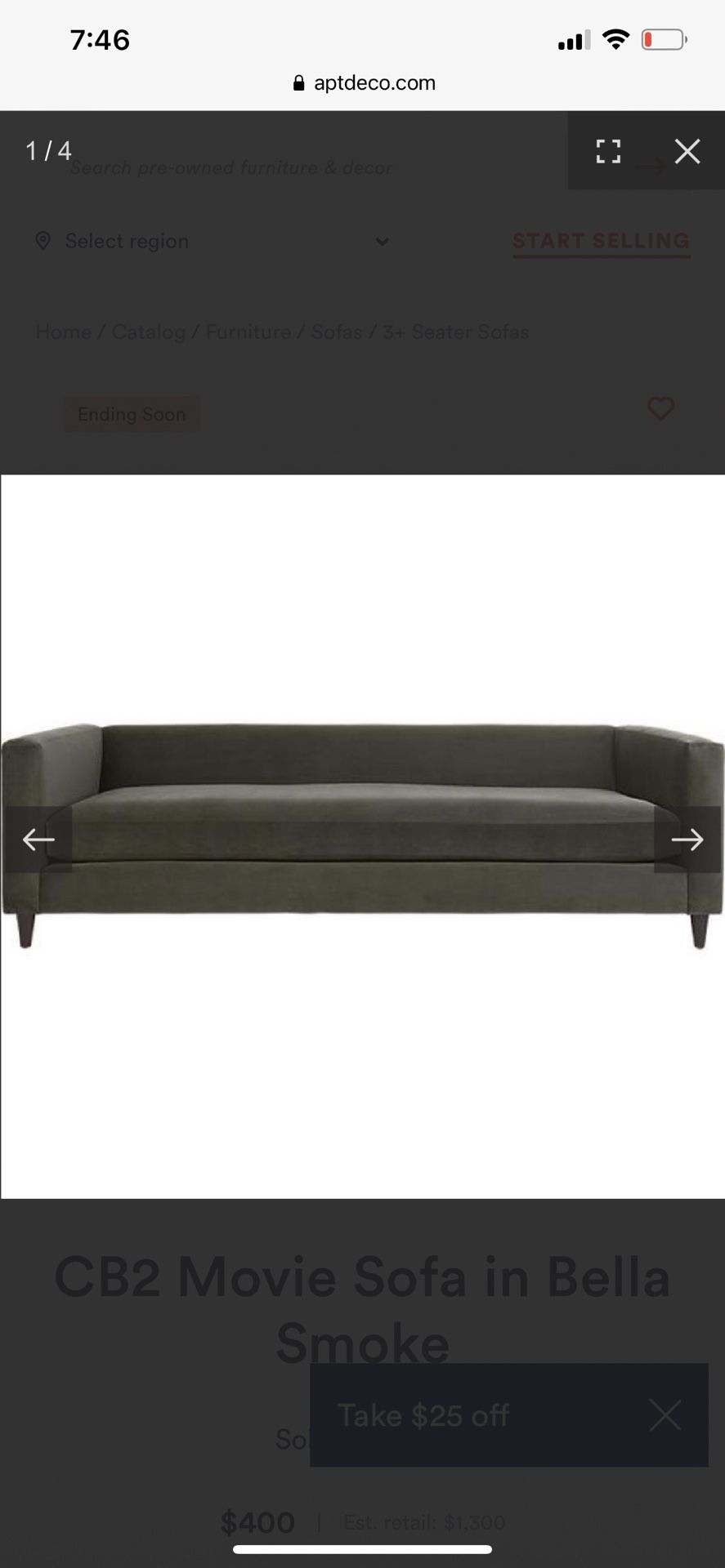CB2 Movie Sofa in Bella Smoke