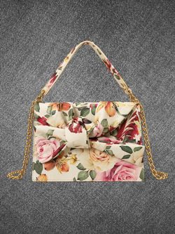 Cream Floral Bow Gold Chain Crossbody Shoulder Bag