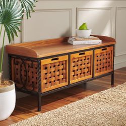 Oak Wooden Storage Bench w/ Drawers, Entryway & Mudroom Seating, Iron Frame Design