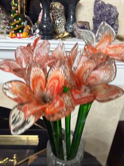 Hand-blown orange and white glass flower 20”