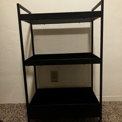 Black, rolling utility cart, perfectly fits binders on bottom shelf