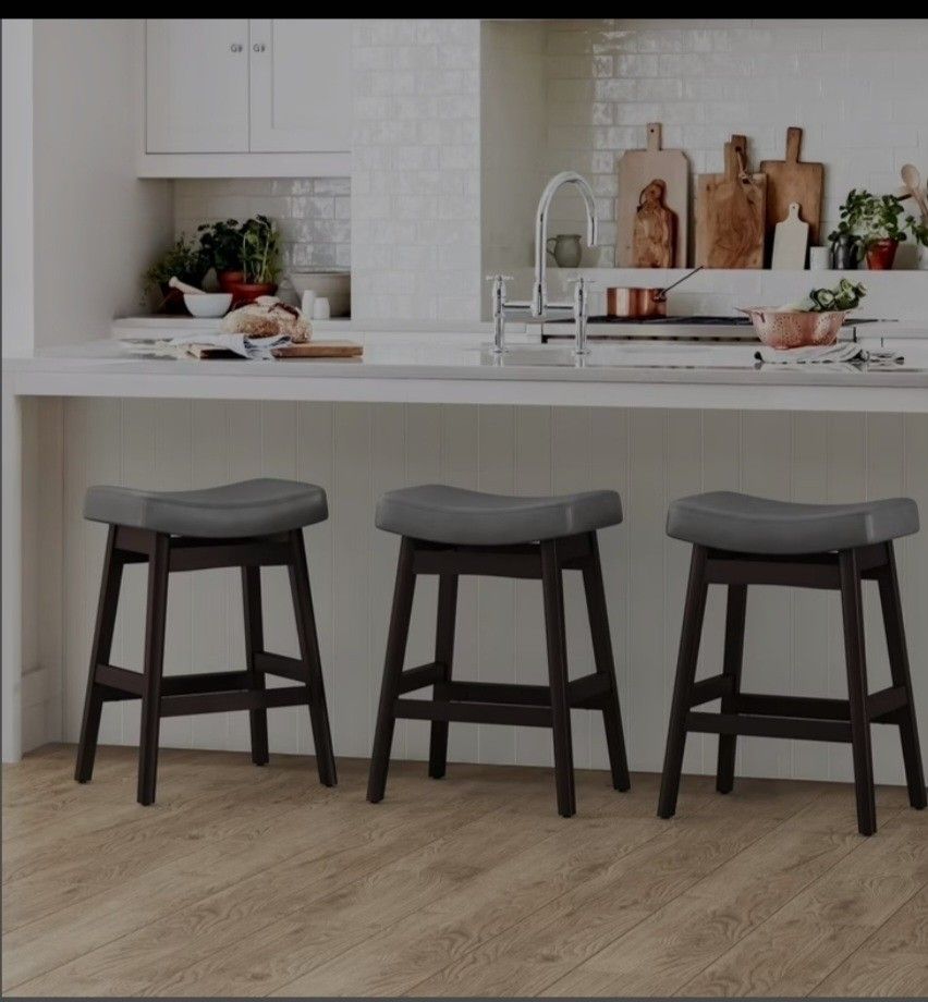 Bar Stools Set of 3, Barstools with Sturdy Wood Legs, Saddle Seat Counter Height Bar Stools for Kitchen Counter, Bar, Dining, 24 Inch Farmhouse Counte