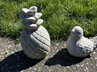 Heavy Cement Pineapple & Bird Garden Statues. Read Description 