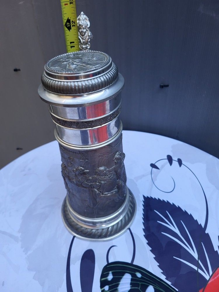 12" Large Beautiful Desiged Vintage BMF Zinn 95% German Pewter Beer Stein - Made in Germany