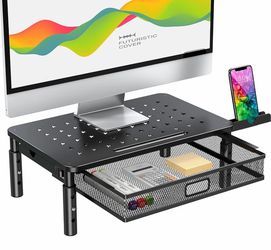 Monitor Stand Riser with Metal Mesh Drawer, Height Adjustable Monitor Riser with Phone Holder for Computer, Laptop, Printer, Notebook, Metal Computer 