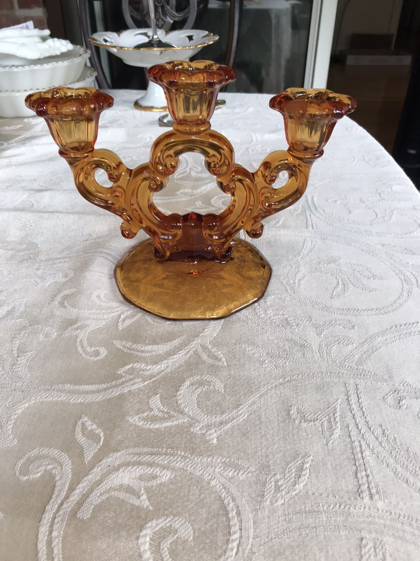 Vintage Cambridge Glass Co. Amber Glass 3 Candle Candleabra