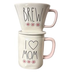 Rae Dunn I Love Mom Ivory & Pink Flower Coffee Drip & Mug Set 20 oz Mother