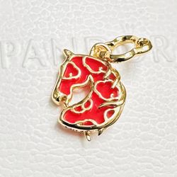 Pandora 14k Gold Plated, Red Fire Horse Dangle Charm #764431C01 ~ FREE Pandora Gift Box + Tag