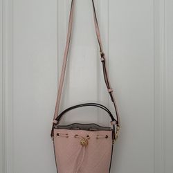 Tory Burch Small Blush Pink Monogram Embossed Bucket Bag