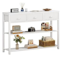 Furologee White Entryway Table, 38'' Console Sofa Table with 3 Fabric Drawers, Industrial Entry Way Table with Storage Shelves, Display Shelf for Livi