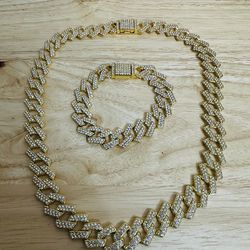 18k Gold Tone Cuban Chain & Bracelet Set ✨ Iced Out Bling