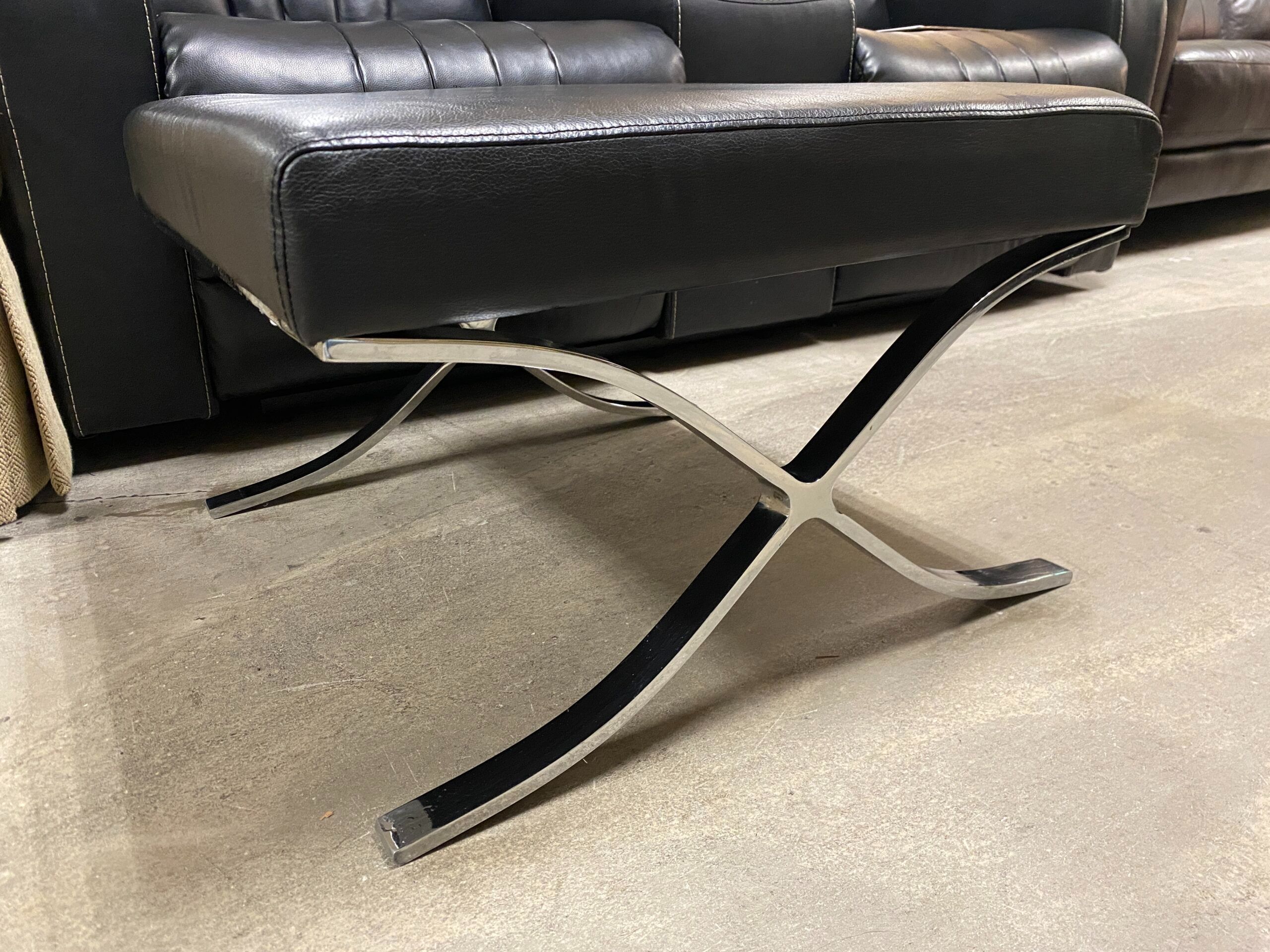 Black Leather & Chrome Ottoman
