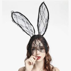 Bunny Ears Veil Headband with Lace Mask - Black - Costume Headband - for Women and Girls - Party Accessory - Halloween, Prom, Carnival,