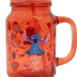 New disney stitch glass mason jar with lid and straw