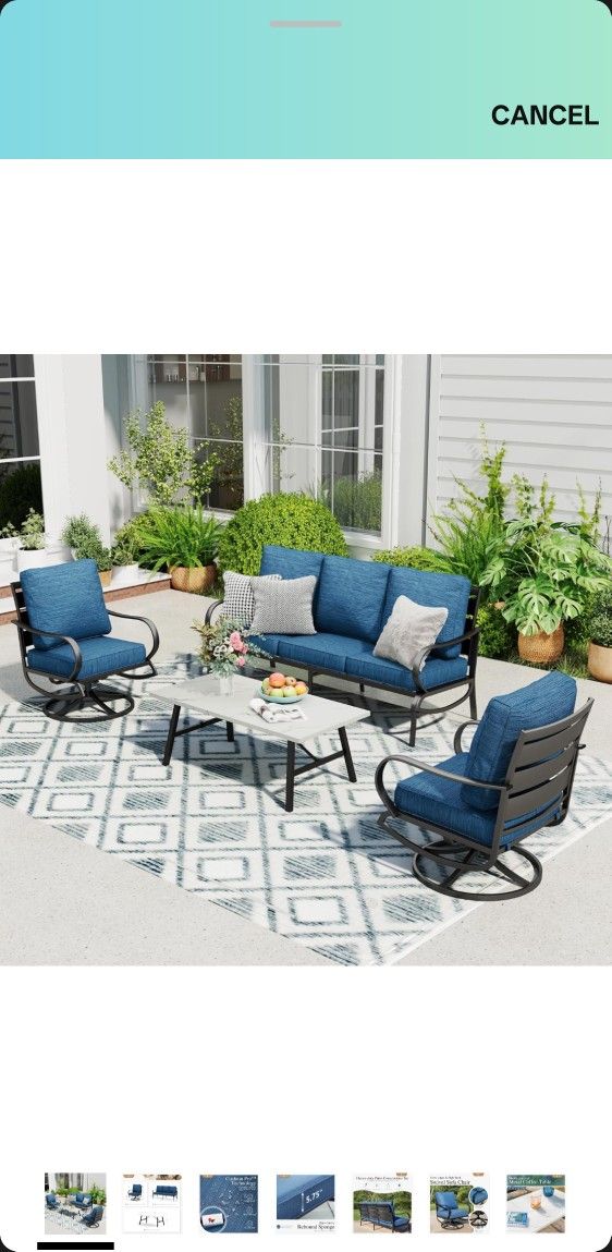Brand New In Box -Patio Furniture Sets 5 Seats Outdoor Metal Conversation Sets with 2 x Cushioned Swivel Sofa Chairs,1 x 3-Seat Sofa, 1x Marbling Meta